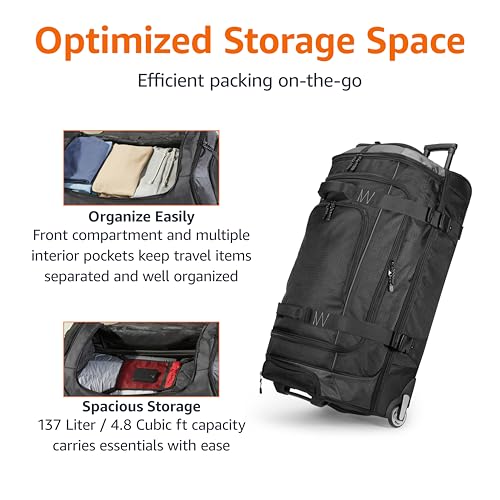 Amazon Basics 35-inch Large Rolling Duffle Bag with Wheels and Handle, Travel Duffle Bag with Durable Ripstop Polyester Material, 2 Layers of Space, Multiple Interior and Exterior Pockets, Black