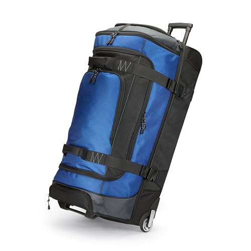 Amazon Basics 35-Inch Large Rolling Duffle Bag with Wheels and Handle, Travel Duffle Bag with Durable Ripstop Polyester Material, 2 Layers of Space, Multiple Interior and Exterior Pockets, Blue