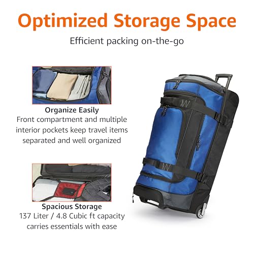 Amazon Basics 35-Inch Large Rolling Duffle Bag with Wheels and Handle, Travel Duffle Bag with Durable Ripstop Polyester Material, 2 Layers of Space, Multiple Interior and Exterior Pockets, Blue