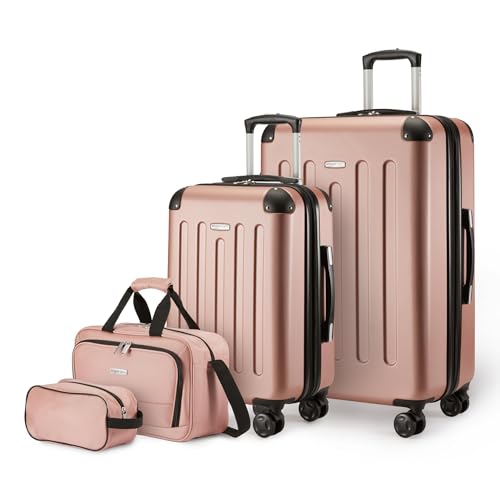 Amazon Basics 4-Piece Luggage Set, Hardside Spinner Suitcases with Multidirectional Wheels (22" Carry-On and 28" Checked), Plus 15-inch Tote Bag and 10-inch Compact Travel Bag, Rose Gold