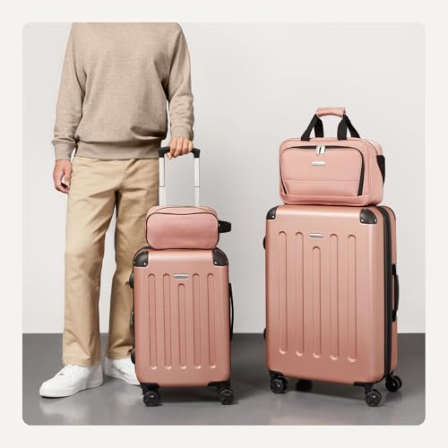 Amazon Basics 4-Piece Luggage Set, Hardside Spinner Suitcases with Multidirectional Wheels (22" Carry-On and 28" Checked), Plus 15-inch Tote Bag and 10-inch Compact Travel Bag, Rose Gold view 3