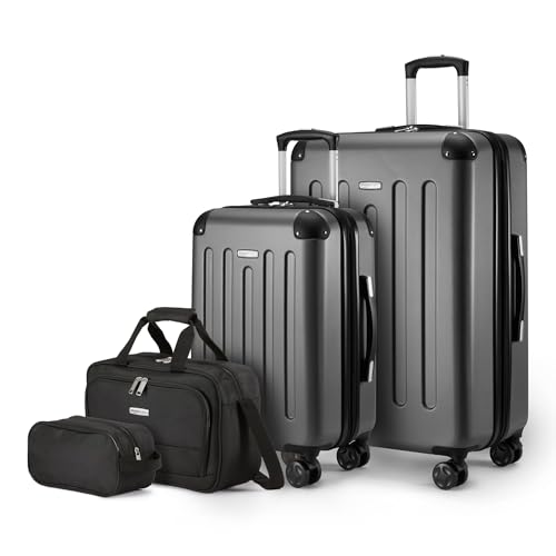 Amazon Basics 4-Piece Luggage Set, Hardside Suitcases with Spinner Wheels (22" Carry On & 28" Checked), Tote Bag & Travel Bag, Black