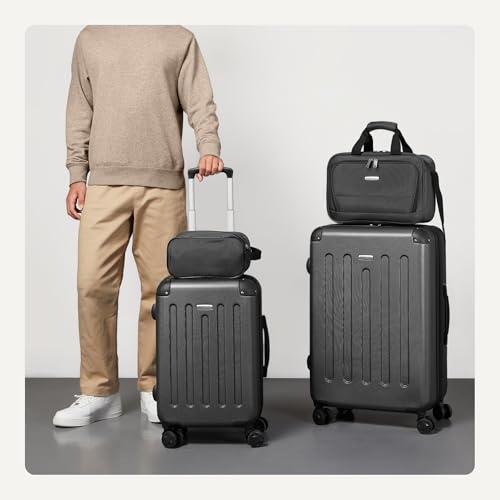 Amazon Basics 4-Piece Luggage Set, Hardside Suitcases with Spinner Wheels (22" Carry On & 28" Checked), Tote Bag & Travel Bag, Black view 3
