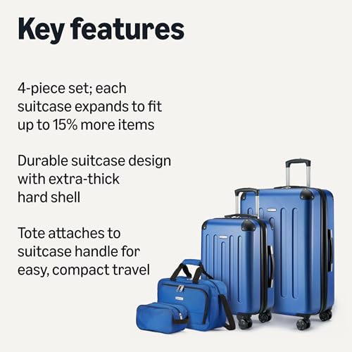 Amazon Basics 4-Piece Luggage Set, Including Two Hardside Suitcases With Multi-directional Spinner Wheels (22" Carry-On and 28" Checked), 15" Tote Bag and 10" Compact Travel Bag, Navy Blue