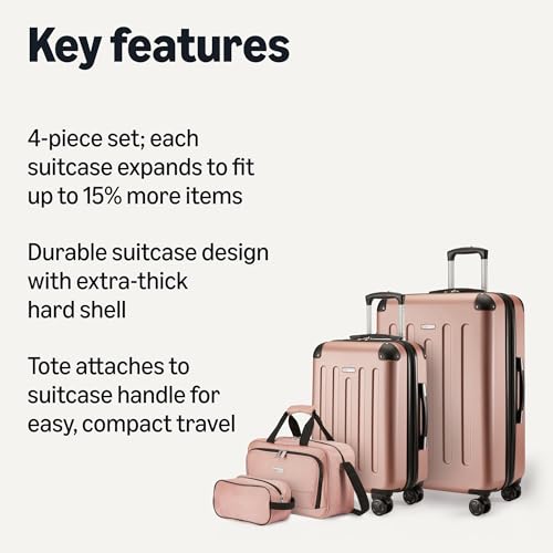 Amazon Basics 4-Piece Luggage Set, Including Two Hardside Suitcases With Multi-directional Spinner Wheels (22" Carry-On and 28" Checked), 15" Tote Bag and 10" Compact Travel Bag, Rose Gold