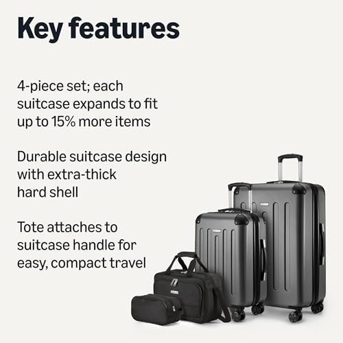 Amazon Basics 4-Piece Luggage Set, Including Two Hardside Suitcases With Multi-directional Spinner Wheels (22" Carry-On and 28" Checked), 15" Tote Bag and 10" Compact Travel Bag, Black