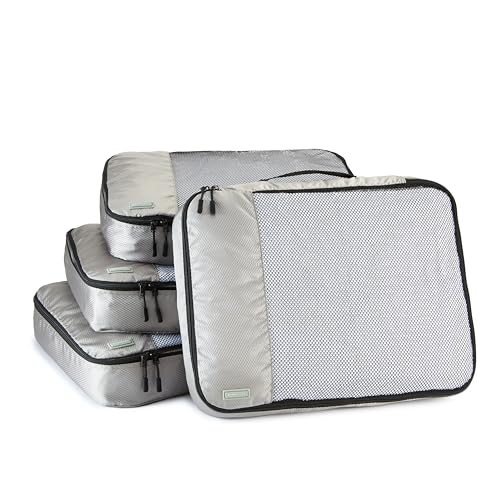 Amazon Basics 4 Piece Packing Cubes Travel Organizer Set with Double Zipper, Mesh Top, Large, Gray