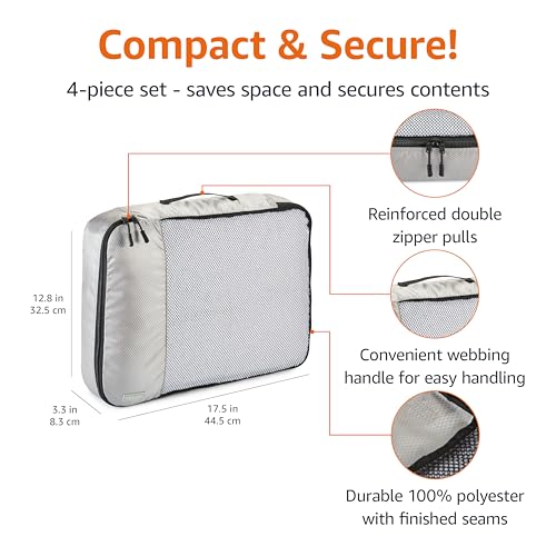 Amazon Basics 4 Piece Packing Cubes Travel Organizer Set with Double Zipper, Mesh Top, Large, Gray
