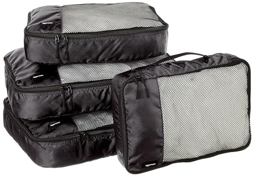 Amazon Basics 4 Piece Packing Travel Organizer Zipper Cubes Set, Medium (2) and Large (2), Black