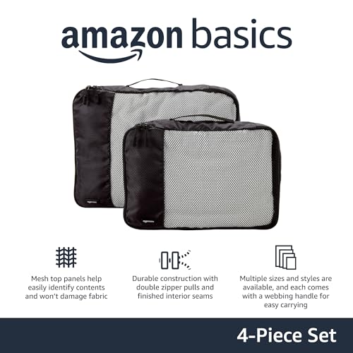 Amazon Basics 4 Piece Packing Travel Organizer Zipper Cubes Set, Medium (2) and Large (2), Black