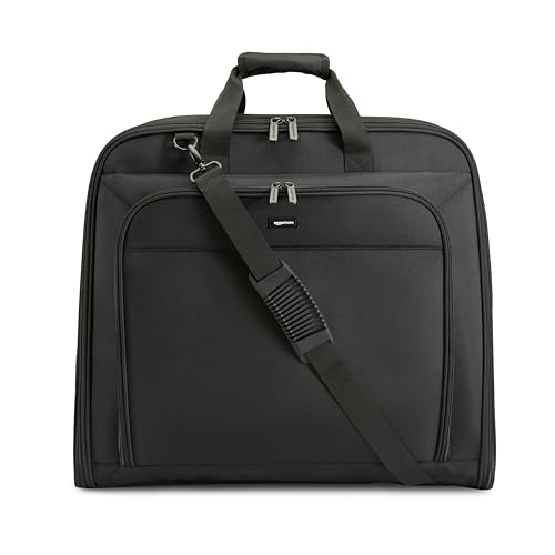 Amazon Basics 43" Travel Garment Bag Travel, Spacious Suit Bag with Detachable Shoulder Strap, Exterior/Interior Pockets, Leather-reinforced Corners, Trifold, Black