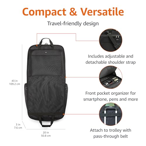 Amazon Basics 43" Travel Garment Bag Travel, Spacious Suit Bag with Detachable Shoulder Strap, Exterior/Interior Pockets, Leather-reinforced Corners, Trifold, Black view 2