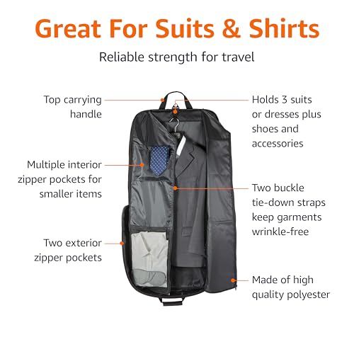 Amazon Basics 43" Travel Garment Bag Travel, Spacious Suit Bag with Detachable Shoulder Strap, Exterior/Interior Pockets, Leather-reinforced Corners, Trifold, Black view 3