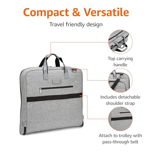 Amazon Basics Carry-On Garment Bag for Travel and Business Trips with Shoulder Strap, Hanging Suit Luggage Bag for Men Women, Wrinkle Free Cover for Suits Dresses Coats, Gray