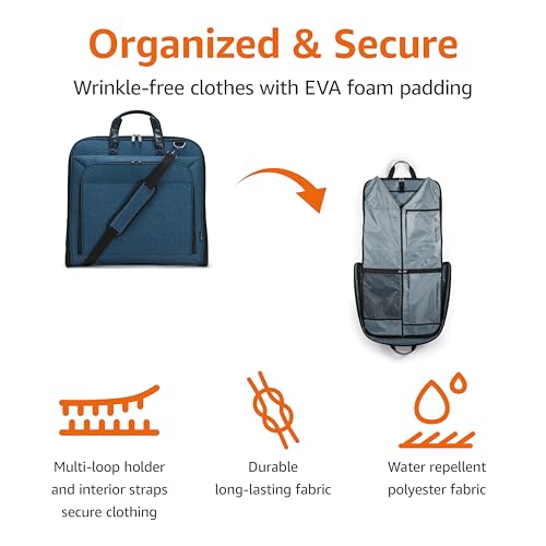 Amazon Basics Carry-On Garment Bag for Travel and Business Trips with Shoulder Strap, Hanging Suit Luggage Bag for Men Women, Wrinkle Free Cover for Suits Dresses Coats, Navy