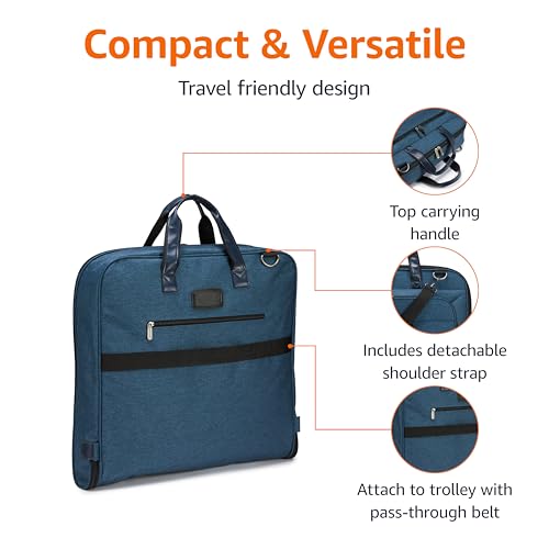 Amazon Basics Carry-On Garment Bag for Travel and Business Trips with Shoulder Strap, Hanging Suit Luggage Bag for Men Women, Wrinkle Free Cover for Suits Dresses Coats, Navy