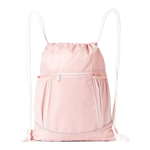 Amazon Basics Drawstring Lightweight Gym Bag Soccer Backpack with Zipper Pouch, Mesh Side Pockets for Water Bottle, Large, Pink