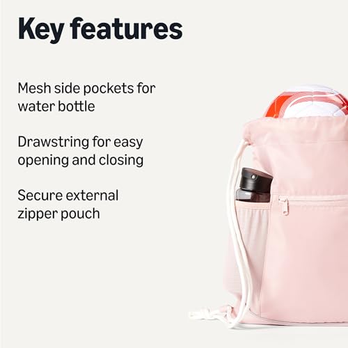 Amazon Basics Drawstring Lightweight Gym Bag Soccer Backpack with Zipper Pouch, Mesh Side Pockets for Water Bottle, Large, Pink view 2