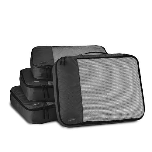 Amazon Basics Large Packing Cubes for Travel, Packing Organizers, 4-Piece-Set With Double Zipper Pulls and Mesh Top Panel, 100% Durable Polyester, Black, 17.5"L x 12.8"W x 3.3"H