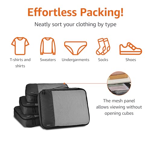 Amazon Basics Large Packing Cubes for Travel, Packing Organizers, 4-Piece-Set With Double Zipper Pulls and Mesh Top Panel, 100% Durable Polyester, Black, 17.5"L x 12.8"W x 3.3"H