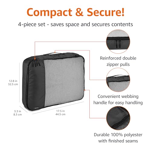 Amazon Basics Large Packing Cubes for Travel, Packing Organizers, 4-Piece-Set With Double Zipper Pulls and Mesh Top Panel, 100% Durable Polyester, Black, 17.5"L x 12.8"W x 3.3"H