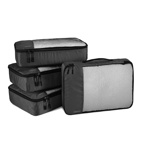 Amazon Basics Lightweight Packing Cubes Travel Organizer Set with Double Zipper, Mesh Top, Durable Polyester, Medium, 4 Piece, Black