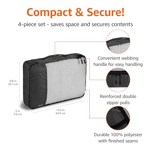 Amazon Basics Lightweight Packing Cubes Travel Organizer Set with Double Zipper, Mesh Top, Durable Polyester, Medium, 4 Piece, Black