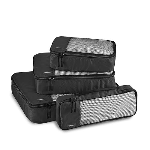 Amazon Basics Lightweight Packing Cubes Travel Organizer Set with Double Zipper, Mesh Top, Small, Medium, Large, Slim, Black, 4 Piece