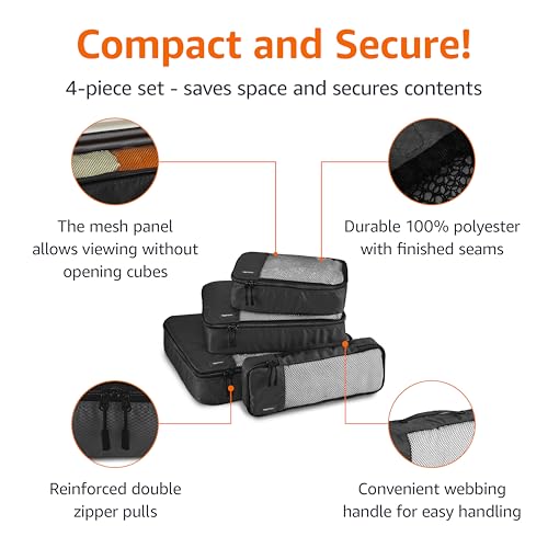 Amazon Basics Lightweight Packing Cubes Travel Organizer Set with Double Zipper, Mesh Top, Small, Medium, Large, Slim, Black, 4 Piece