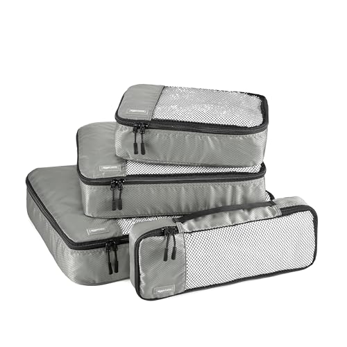 Amazon Basics Lightweight Packing Cubes Travel Organizer Set with Double Zipper, Mesh Top, Multiple Sizes, 4 Piece, Gray