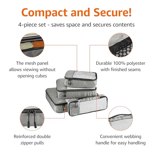 Amazon Basics Lightweight Packing Cubes Travel Organizer Set with Double Zipper, Mesh Top, Multiple Sizes, 4 Piece, Gray
