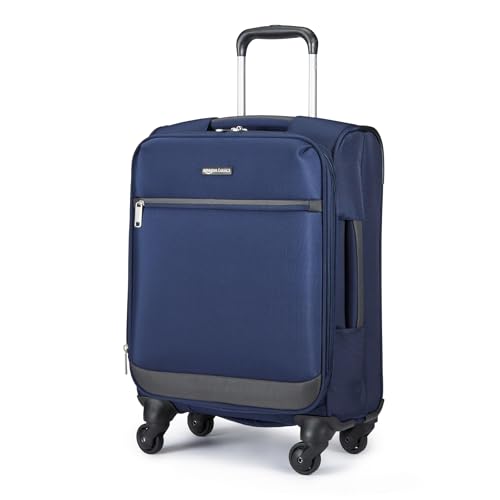 Amazon Basics Luggage, 18"Medium Carry-On Softside Suitcase With Wheels With Four 360-Degree Multi-directional Spinner Wheels Expandable Space Zippered Pocket and Straps Telescopic Handle Navy Blue