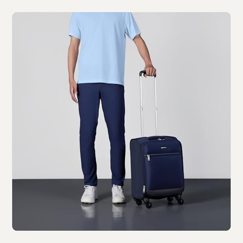 Amazon Basics Luggage, 18"Medium Carry-On Softside Suitcase With Wheels With Four 360-Degree Multi-directional Spinner Wheels Expandable Space Zippered Pocket and Straps Telescopic Handle Navy Blue
