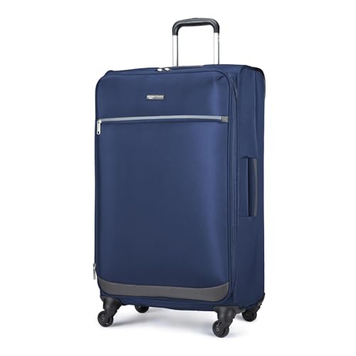 Amazon Basics Luggage, 28" Large Checked Softside Suitcase With Wheels With Four 360-Degree Multi-directional Spinner Wheels Expandable Space Zippered Pocket and Straps, Telescopic Handle, Navy Blue