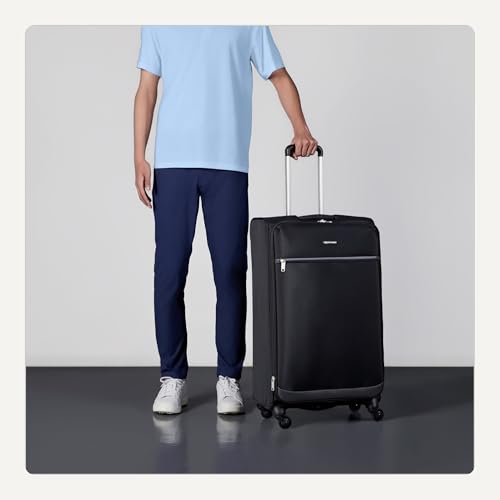 Amazon Basics Luggage, 28" Large Checked Softside Suitcase With Wheels, With Four 360-Degree Multi-directional Spinner Wheels, Expandable Capacity, Zippered Pocket and Straps, Telescopic Handle, Black