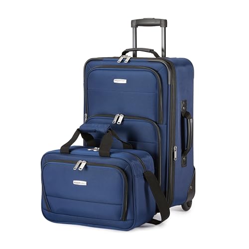 Amazon Basics Luggage Sets, Carry-On 23 inch, tote 15 inch, Suitcase With Wheels, Expandable Extra Space (+15%), Front Pockets and Telescopic Handle, Navy Blue
