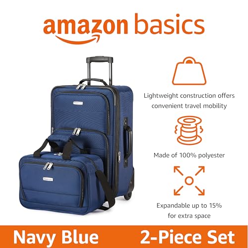 Amazon Basics Luggage Sets, Carry-On 23 inch, tote 15 inch, Suitcase With Wheels, Expandable Extra Space (+15%), Front Pockets and Telescopic Handle, Navy Blue