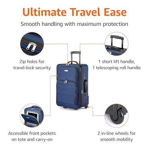 Amazon Basics Luggage Sets, Carry-On 23 inch, tote 15 inch, Suitcase With Wheels, Expandable Extra Space (+15%), Front Pockets and Telescopic Handle, Navy Blue