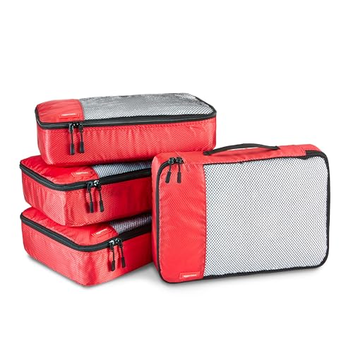 Amazon Basics Medium Packing Cubes for Travel, Packing Organizers, 4-Piece-Set With Double Zipper Pulls and Mesh Top Panel, 100% Durable Polyester, Red, 13.8"L x 9.8"W x 3"H