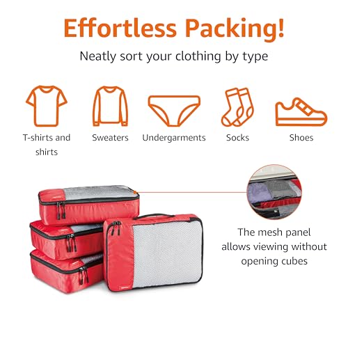 Amazon Basics Medium Packing Cubes for Travel, Packing Organizers, 4-Piece-Set With Double Zipper Pulls and Mesh Top Panel, 100% Durable Polyester, Red, 13.8"L x 9.8"W x 3"H