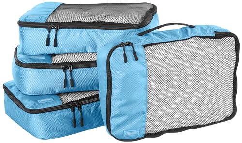 Amazon Basics Medium Packing Cubes for Travel, Packing Organizers, 4-Piece-Set With Double Zipper Pulls and Mesh Top Panel, 100% Durable Polyester, Sky Blue, 13.8"L x 9.8"W x 3"H