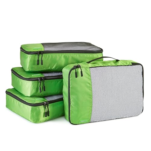 Amazon Basics Medium Packing Cubes for Travel, Packing Organizers, 4-Piece-Set With Double Zipper Pulls and Mesh Top Panel, 100% Durable Polyester, Green, 13.8"L x 9.8"W x 3"H