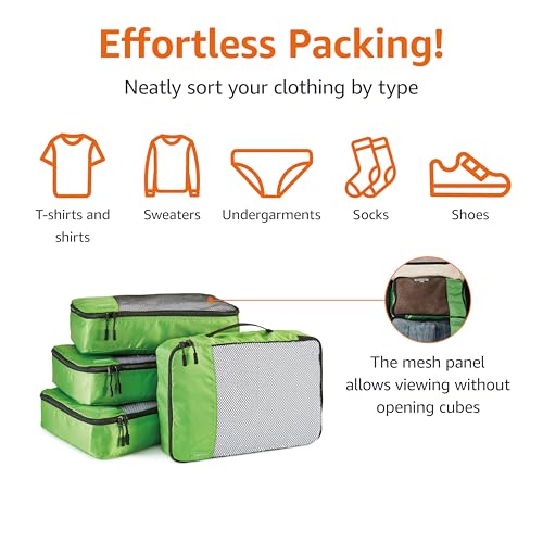 Amazon Basics Medium Packing Cubes for Travel, Packing Organizers, 4-Piece-Set With Double Zipper Pulls and Mesh Top Panel, 100% Durable Polyester, Green, 13.8"L x 9.8"W x 3"H
