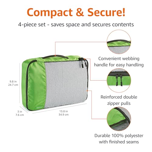 Amazon Basics Medium Packing Cubes for Travel, Packing Organizers, 4-Piece-Set With Double Zipper Pulls and Mesh Top Panel, 100% Durable Polyester, Green, 13.8"L x 9.8"W x 3"H