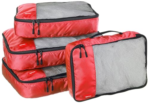 Amazon Basics Packing Cubes for Travel, Packing Organizers Set, 4-Piece-Set (2 Medium And 2 Large) With Double Zipper Pulls and Mesh Top Panel, 100% Durable Polyester, Red