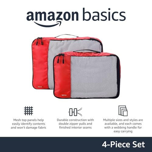Amazon Basics Packing Cubes for Travel, Packing Organizers Set, 4-Piece-Set (2 Medium And 2 Large) With Double Zipper Pulls and Mesh Top Panel, 100% Durable Polyester, Red