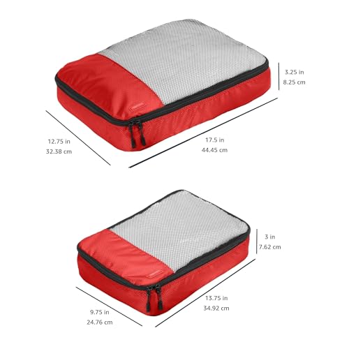 Amazon Basics Packing Cubes for Travel, Packing Organizers Set, 4-Piece-Set (2 Medium And 2 Large) With Double Zipper Pulls and Mesh Top Panel, 100% Durable Polyester, Red
