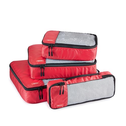 Amazon Basics Packing Cubes for Travel, Packing Organizers Set, 4-Piece-Set (Slim, Small, Medium, Large) With Double Zipper Pulls and Mesh Top Panel, 100% Durable Polyester, Red
