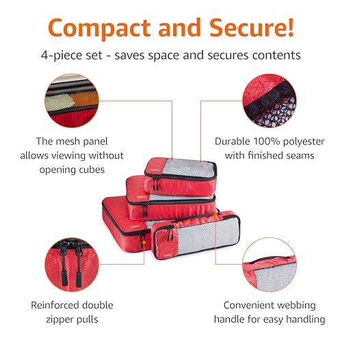 Amazon Basics Packing Cubes for Travel, Packing Organizers Set, 4-Piece-Set (Slim, Small, Medium, Large) With Double Zipper Pulls and Mesh Top Panel, 100% Durable Polyester, Red