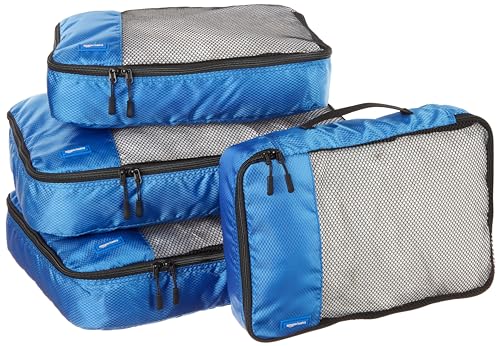 Amazon Basics Packing Cubes for Travel, Packing Organizers Set, 4-Piece-Set (2 Medium And 2 Large) With Double Zipper Pulls and Mesh Top Panel, 100% Durable Polyester, Blue